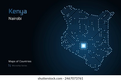 Kenya Map with a capital of Nairobi Shown in a Microchip Pattern with processor. E-government. World Countries vector maps. Microchip Series