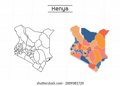 Kenya map city vector divided by colorful outline simplicity style. Have 2 versions, black thin line version and colorful version. Both map were on the white background.