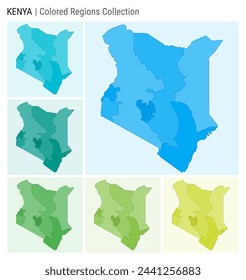 Colección de mapas de Kenia. Forma de país con regiones de color. Paletas de colores azul claro, cian, verde azulado, verde claro, verde lima. Frontera de Kenia con las provincias para su infografía. Ilustración vectorial.