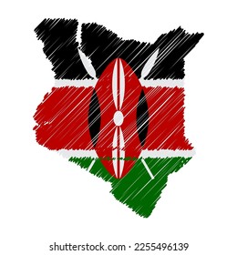 Kenya map color hand drawn sketch. Vector concept illustration flag, scribble map. Country map for infographic, brochures and presentations isolated on white background. Vector illustration.