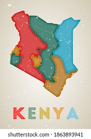 Mapa de Kenia. Afiche del país con regiones de colores. Vieja textura gruesa. Ilustración vectorial de Kenia con nombre de país.