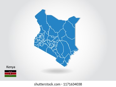 Kenya map design with 3D style. Blue Kenya map and National flag. Simple vector map with contour, shape, outline, on white.