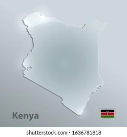 Kenya map and flag, glass card paper 3D vector
