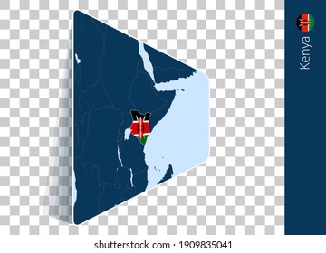 Kenya map and flag on transparent background. Highlighted Kenya on blue vector map.