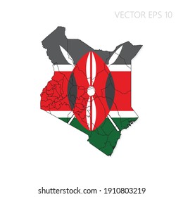 Kenya Map With Flag And Shadow Isolated On White Background. Vector Illustration EPS10.