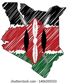 Kenya map hand drawn sketch. Vector concept illustration flag, childrens drawing, scribble map. Country map for infographic, brochures and presentations isolated on white background. Vector