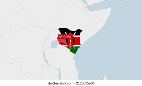 Kenya map highlighted in Kenya flag colors and pin of country capital Nairobi, map with neighboring African countries.