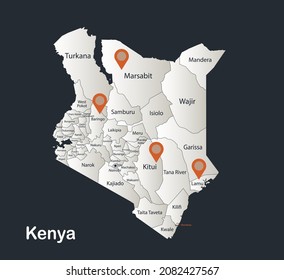 Mapa de Kenia, colores de diseño plano de infografía nevan blanco, con nombres de regiones individuales vector