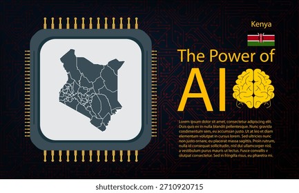 Kenya map with microchip war and AI concept on circuit board, Power of AI with country map. Global connectivity with big data. Design for UI backgrounds or FinTech projects.