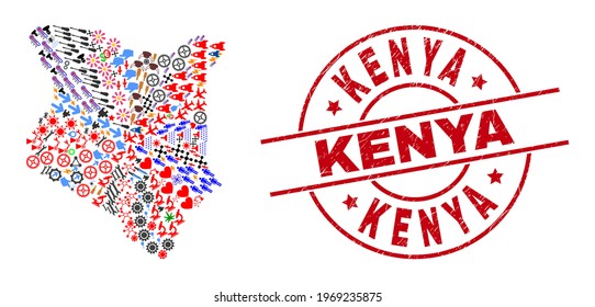 Kenya map mosaic and Kenya red round stamp seal. Kenya stamp uses vector lines and arcs. Kenya map mosaic includes markers, homes, showers, bugs, hands, and more icons.