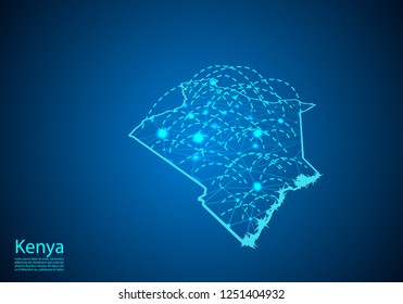 kenya map with nodes linked by lines. concept of global communication and business. Dark kenya map created from white dots with travel locations or internet connection.