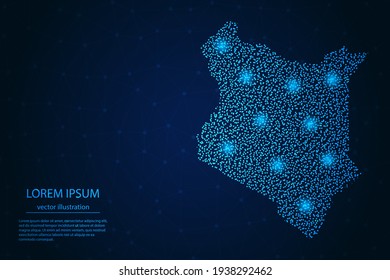 Kenya map from point blue and glowing stars on a dark background. Vector eps 10.