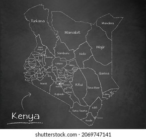 Kenya map, separates regions and names, design card blackboard, chalkboard vector