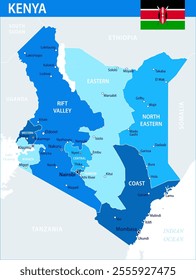 Kenya Map Vector Blue Spot - Customizable layered political map of Kenya with administrative divisions for website, education, reports, news, politics, print, poster and wallpaper