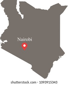 Kenya map vector outline illustration with capital location, Nairobi, in gray background. The borders of provinces or states are not included on this map for aesthetic appeal.