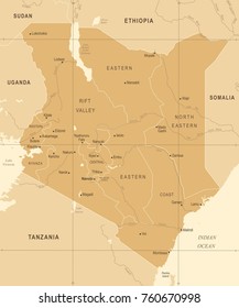 Kenya Map - Vintage High Detailed Vector Illustration