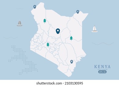 Kenya Map - World Map International vector template High detailed with white color isolated on blue background including simple point of location, tree, boat icon - Vector illustration eps 10