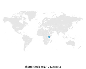 Kenya marked by blue in grey World political map. Vector illustration.