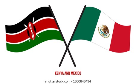 Banderas de Kenia y México Cruzadas y ondeando estilo plano. Proporción oficial. Colores correctos.