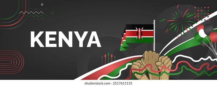 Kenya National Day background with raised hand and abstract shapes in flag colors, black, red and green. Templates design for Kenya Madaraka day or Jamhuri day greeting card and sport events