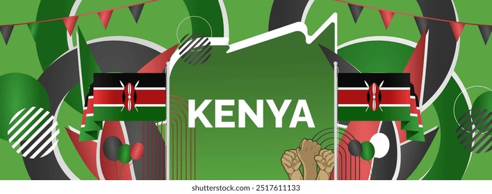 Kenya National Day background with raised hand and abstract shapes in flag colors, black, red and green. Templates design for Kenya Madaraka day or Jamhuri day greeting card and sport events