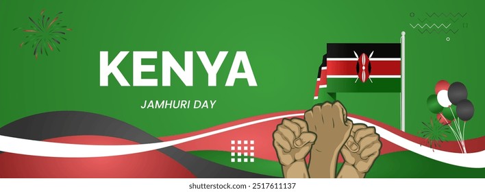 Kenya National Day background with raised hand and abstract shapes in flag colors, black, red and green. Templates design for Kenya Madaraka day or Jamhuri day greeting card and sport events