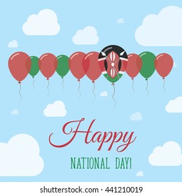 Kenya National Day Flat Patriotic Poster. Row of Balloons in Colors of the Kenyan flag. Happy National Day Kenya Card with Flags, Balloons, Clouds and Sky.