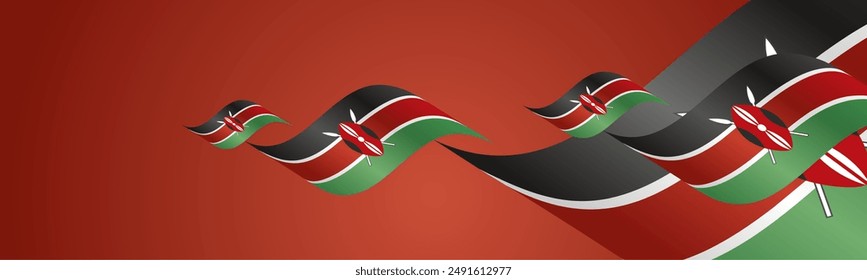 Kenya National Day waving flags two fold blue landscape background