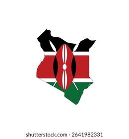 Kenya - national flag in a shape of country map silhouette with thin black outline. Simple flat vector icon.