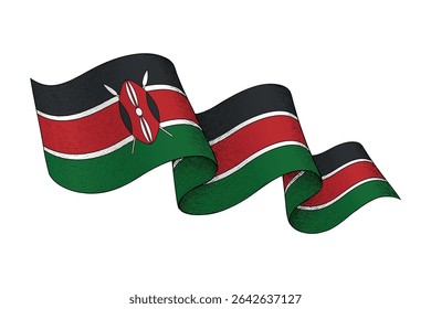 Kenya national flag waving ribbon shape with engraved vintage texture
