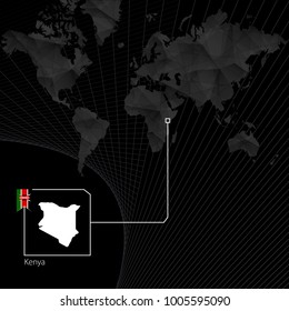 Kenya on black World Map. Map and flag of Kenya.