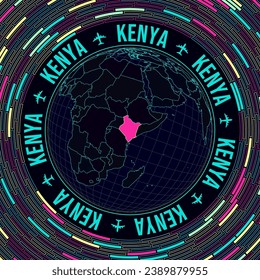 Kenia en el mundo. La visión satelital del mundo se centró en Kenia. Brillante estilo neón. Fondo de ladrillos radiales futuristas. Increíble ilustración vectorial.