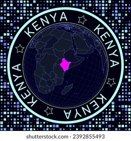 Kenya on globe vector. Futuristic satellite view of the world centered to Kenya. Geographical illustration with shape of country and squares background. Bright neon colors on dark background.