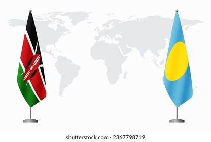 Kenya and Palau flags for official meeting against background of world map.