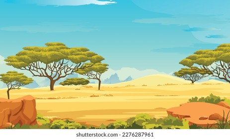 Kenya panoramic view, mountains and skyline, wild nature. African savannah landscape with green trees, and plain grassland field under blue clear sky, river and jungle plants. Cartoon vector