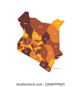 Kenya political map of administrative divisions - counties. Flat vector map with name labels. Brown - orange color scheme.