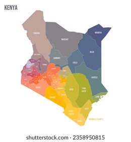 Kenya political map of administrative divisions - counties. Colorful spectrum political map with labels and country name.