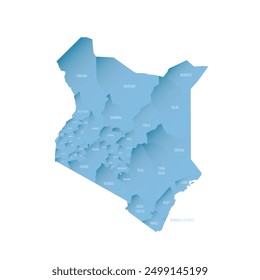 Kenia politische Karte der administrativen Divisionen - Bezirke. Schattierte Vektorkarte mit 3D-ähnlichem blauem Farbverlauf und Namensschildern