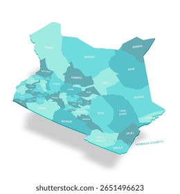 Mapa político do Quênia de divisões administrativas - condados. Mapa de vetor turquesa 3D com rótulos de nome.