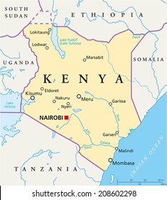 Kenya Political Map - Political map of Kenya with capital Nairobi, national borders, most important cities, rivers and lakes. Vector illustration with English labeling and scaling.