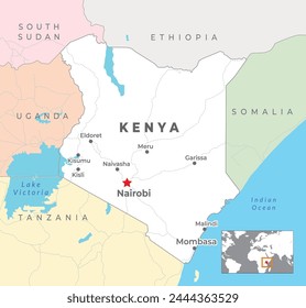 Kenya Political Map with capital Nairobi, most important cities with national borders