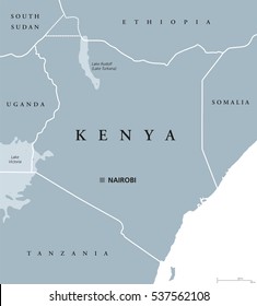 Kenya political map with capital Nairobi. Republic in Africa with national borders, neighbor countries, Lake Turkana and Lake Victoria. Gray illustration with English labeling. Vector.