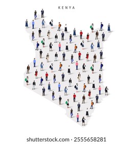 Kenya population map. Large group of realistic a diverse crowd of people figures in a shape of Kenyan map. Flat vector illustration isolated on white.