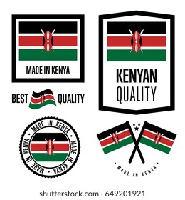 Kenya quality isolated label set for goods. Exporting stamp with kenyan flag, nation manufacturer certificate element, country product vector emblem. Made in Kenya badge collection.