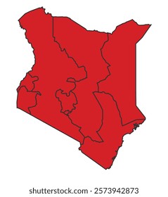 Kenya red map with border of regions outline vector