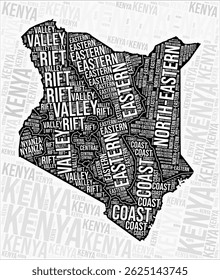 Kenya regions map word cloud. Kenya region names. Black and white map design. Modern vector illustration.