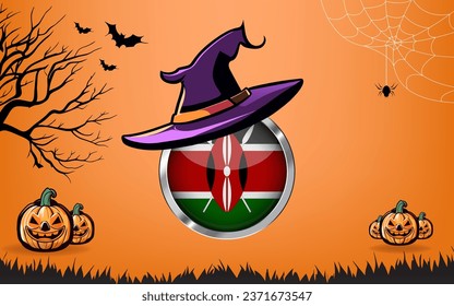 kenya round flag with Happy Halloween banner or party invitation background. bats, spiders and pumpkins, orange background