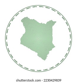 Kenya round logo. Digital style shape of Kenya in dotted circle with country name. Tech icon of the country with gradiented dots. Vibrant vector illustration.