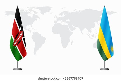 Kenya and Rwanda flags for official meeting against background of world map.