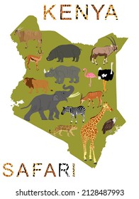 Kenya Safari Wort, TierHautdruck auf separatem Buchstaben Vektorgrafik Silhouette Illustration einzeln auf Hintergrund. Tourist laden zur Beobachtung der Tierwelt im Nationalpark ein. Kenia Karte Safari Tiere Afrika